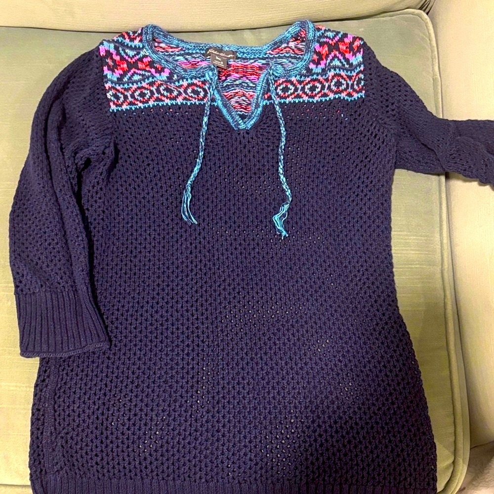 Eddie Bauer Navy V-Neck Sweater with Pink and Blue Patterns